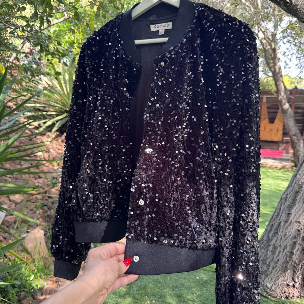 Nanette Lepore Sequined Black Bomber Jacket - Picture 3 of 5